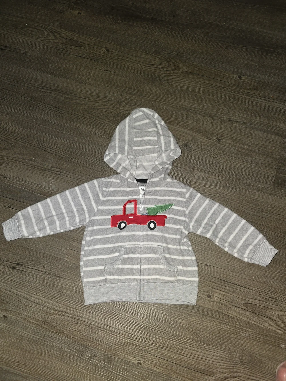 Carter's Gray & White Striped Hoodie with Red Truck Applique